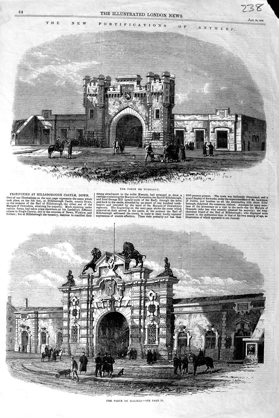 Original Old Antique Print 1866 Fortifications Antwerp Turnhout Porte Malines