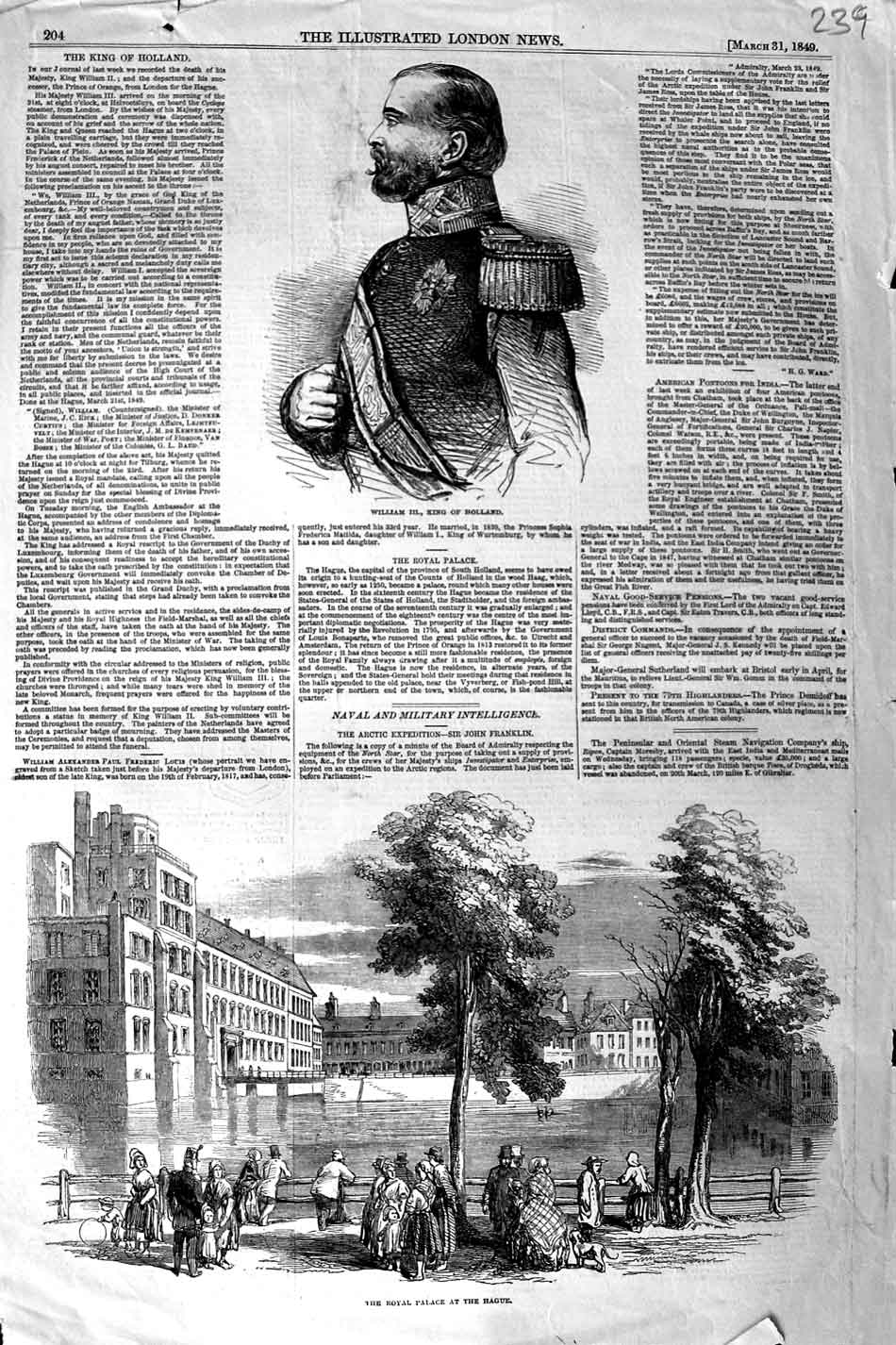 Original Old Antique Print 1849 King Holland William Iii Royal Palace Hague