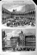 Original Old Antique Print 1864 Festival Academy Antwerp Statue Bust Teniers