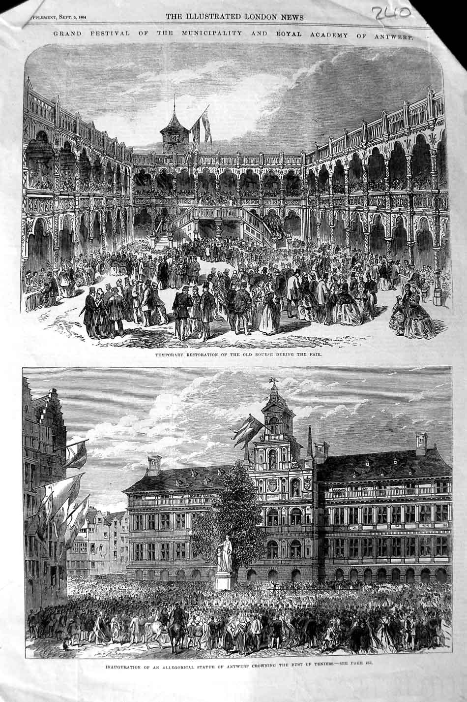 Original Old Antique Print 1864 Festival Academy Antwerp Statue Bust Teniers