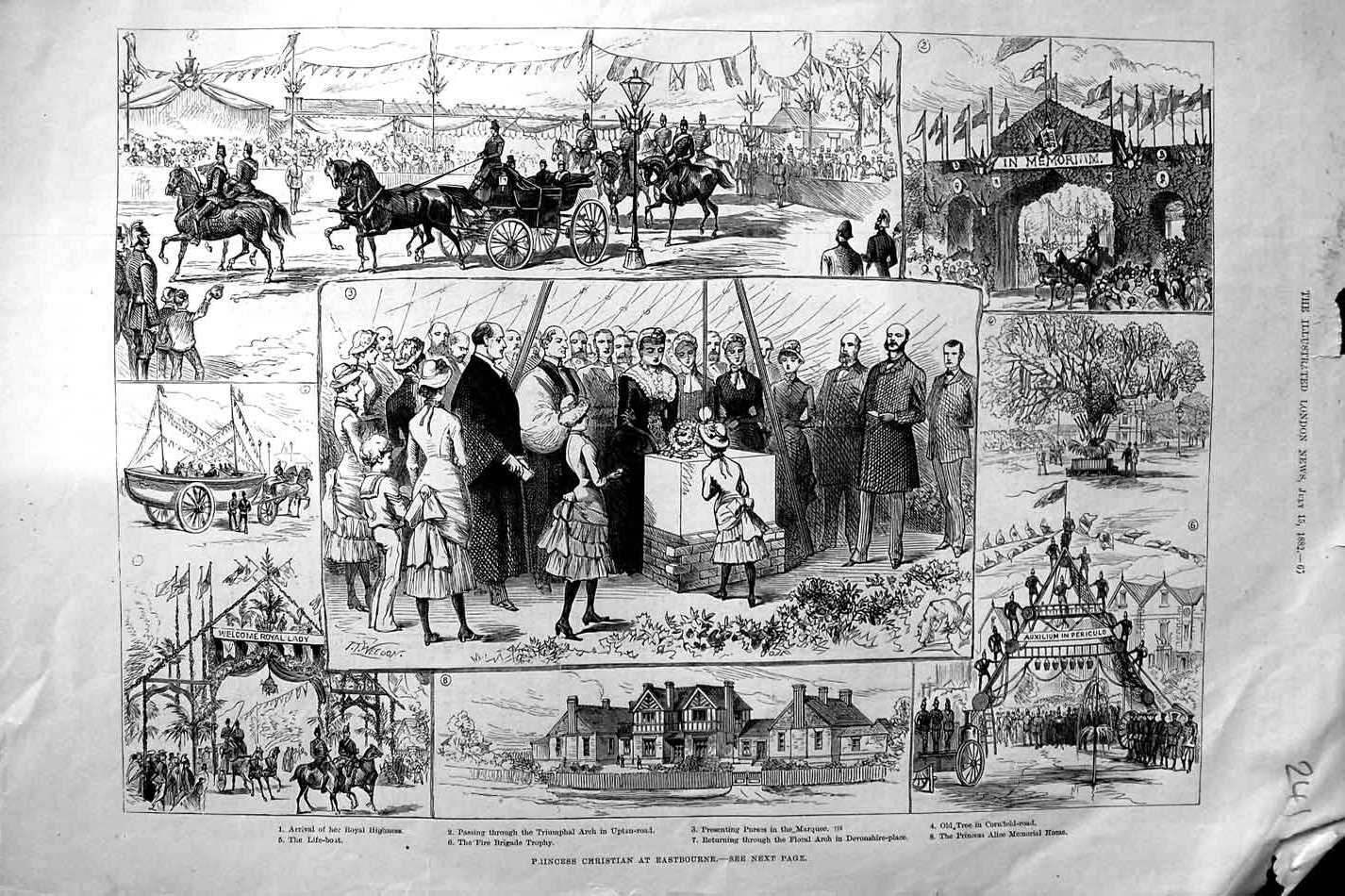 Original Old Antique Print 1882 Princess Christian Eastbourne Arch Upton-Road