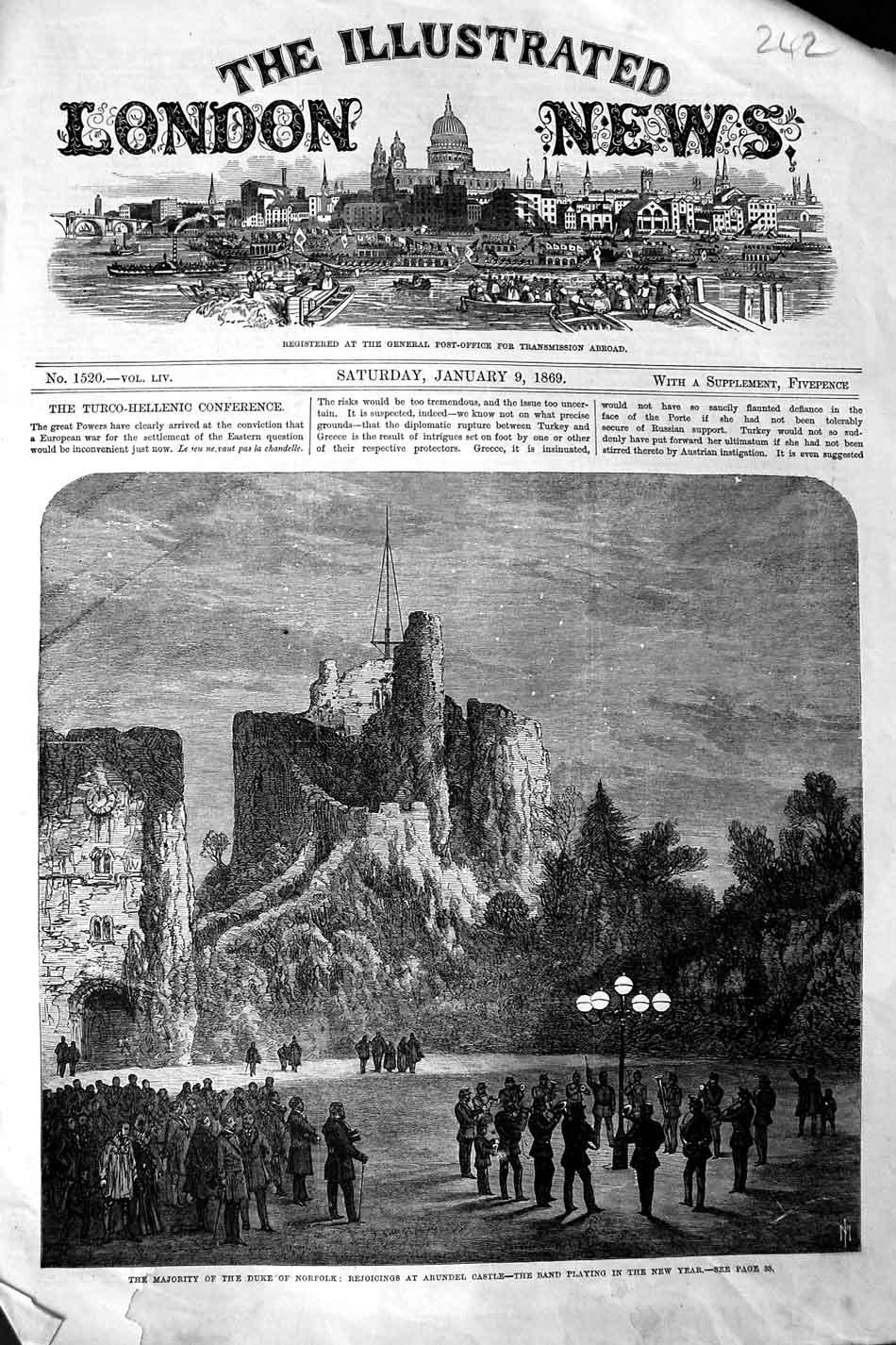 Original Old Antique Print 1869 Duke Norfolk Arundel Castle Siers Music Band