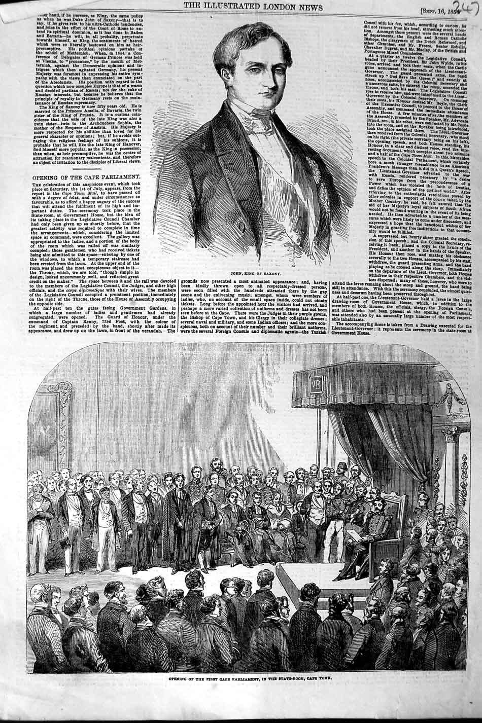 Old Antique Print 1854 John King Saxony Parliament State-Room Cape Town 19th