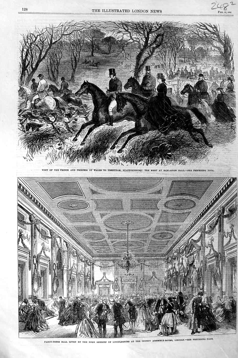 Old Antique Print 1866 Prince Wales Trentham Barlaston Fancy Ball Lincoln 19th