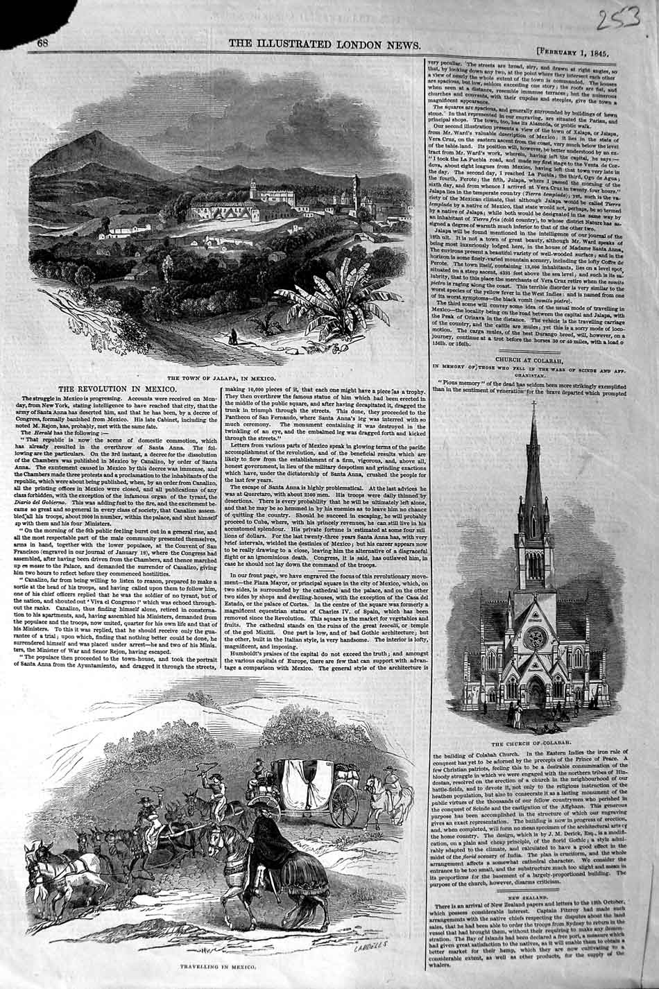 Original Old Antique Print 1845 Town Jalapa Mexico Church Colabah Transport