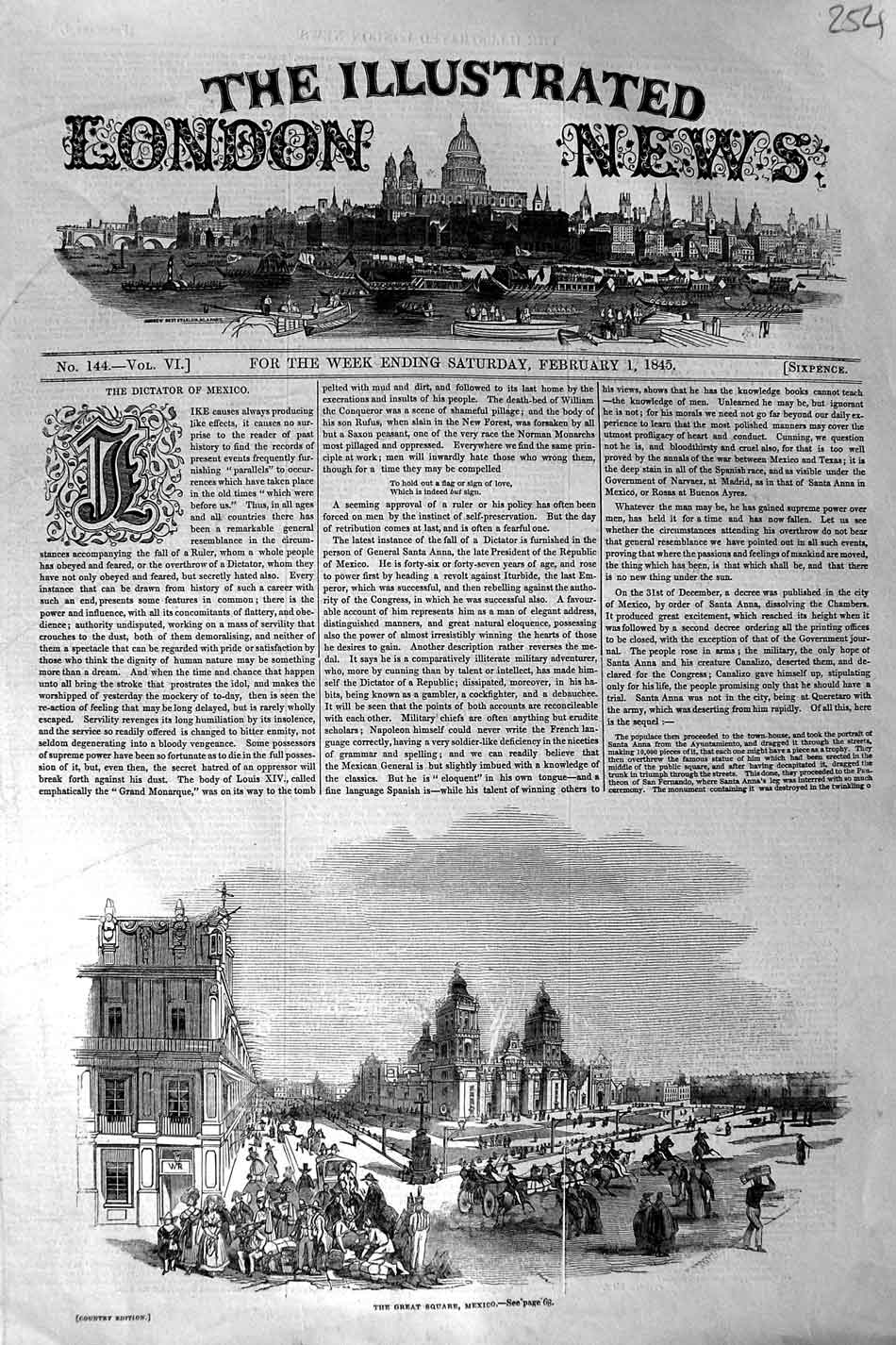 Original Old Antique Print 1845 View Great Square Mexico America Architecture