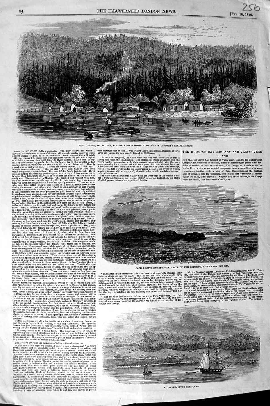 Original Old Antique Print 1849 Fort George Astoria Columba Monterey California