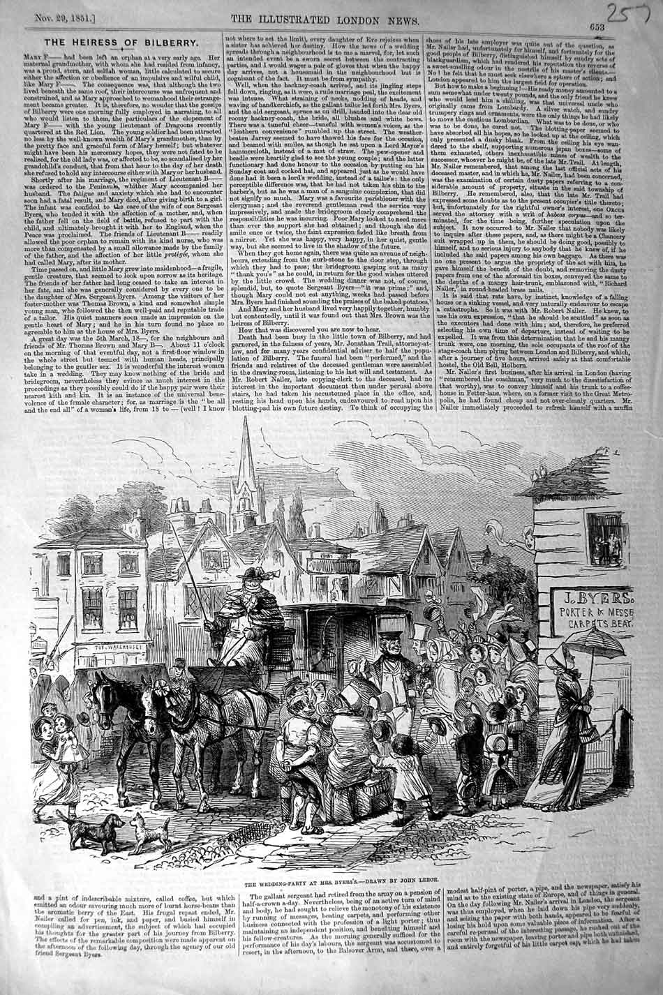 Original Old Antique Print 1851 Scene Wedding Party Mrs Byer'S Horses Carriage