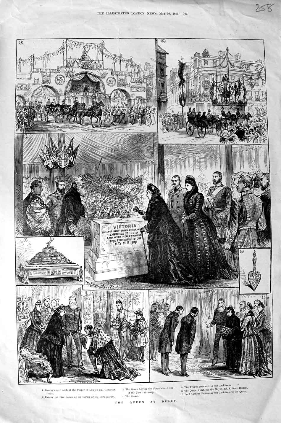 Original Old Antique Print 1891 Queen Victoria Derby Corn Market Mayor Haslam