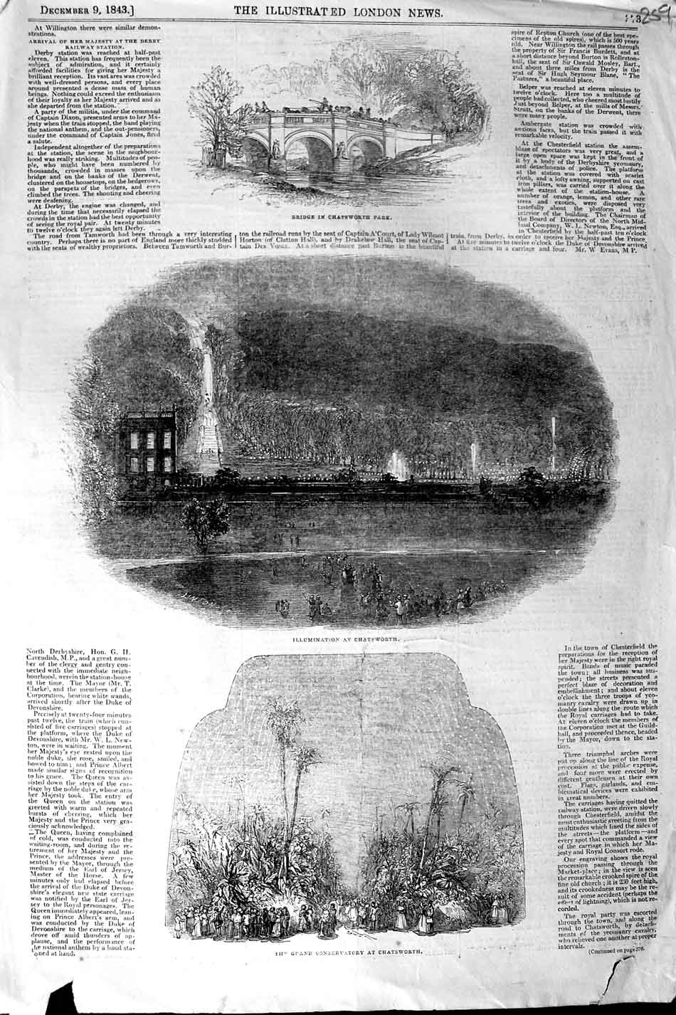 Old Antique Print 1843 Bridge Chatsworth Park Conservatory Illuminations 19th