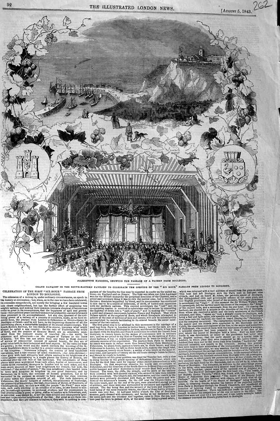 Original Old Antique Print 1843 Folkestone Harbour Packet Ship Boulogne Banquet