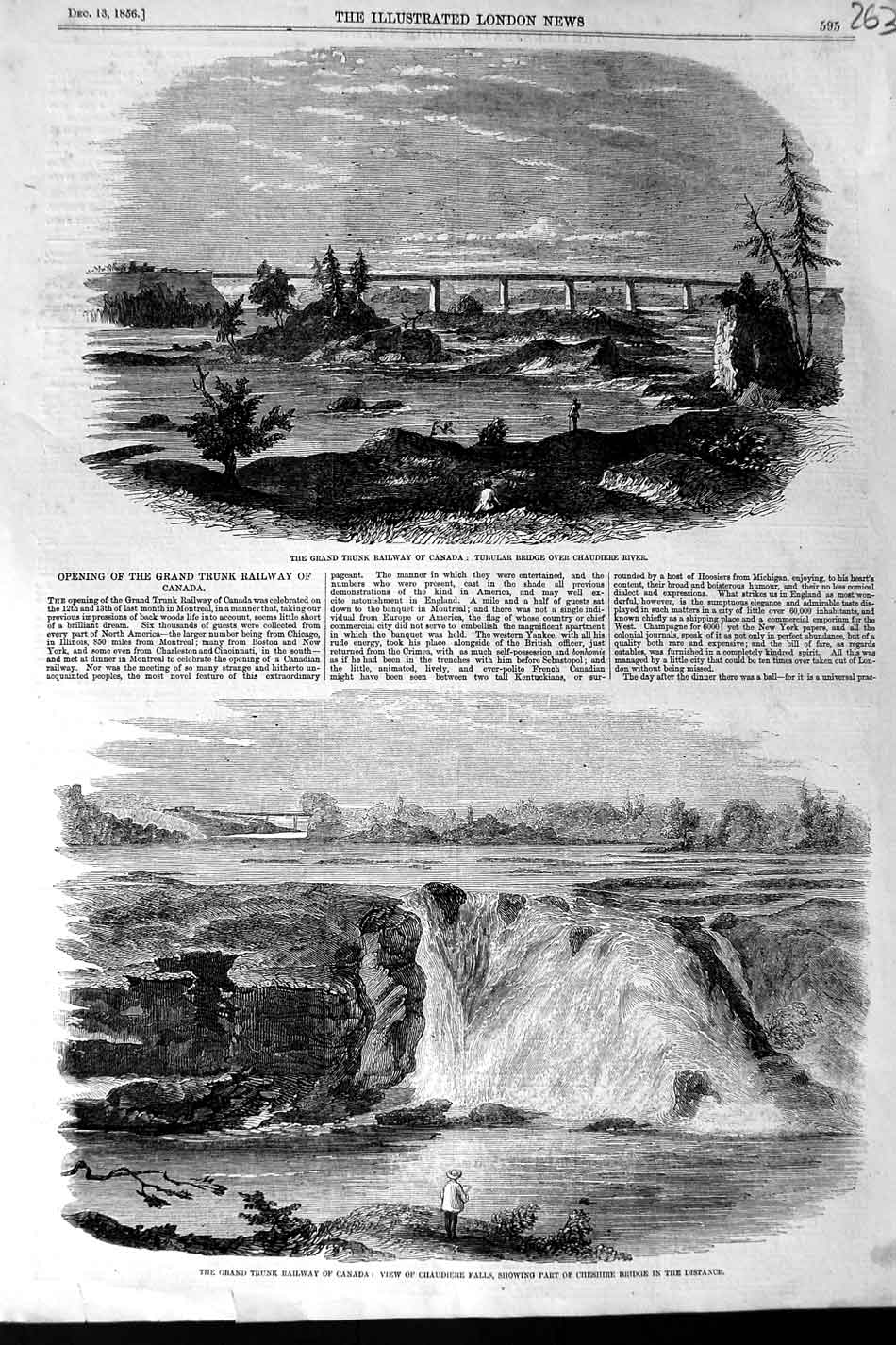 Original Old Antique Print 1856 Railway Canada Bridge River Chaudiere Cheshire