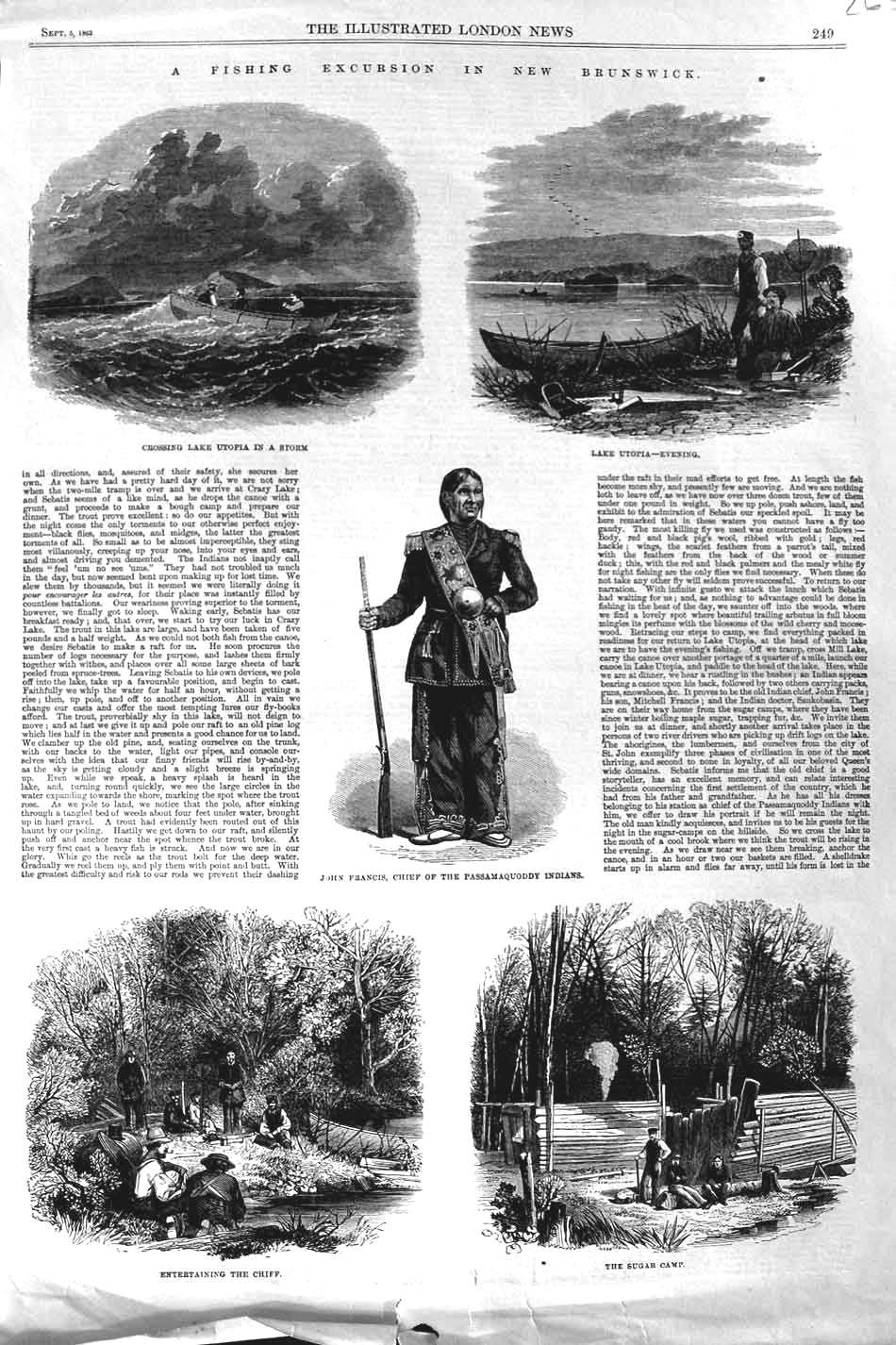Original Old Antique Print 1863 Fishing Brunswick Utopia Francis Passamaquoddy