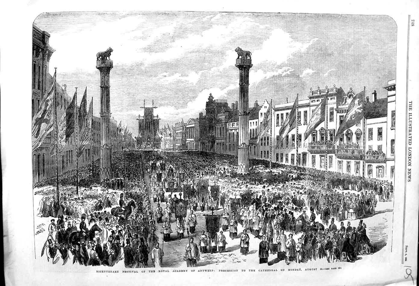 Original Old Antique Print 1864 Bicentenary Festival Royal Academy Antwerp 19th