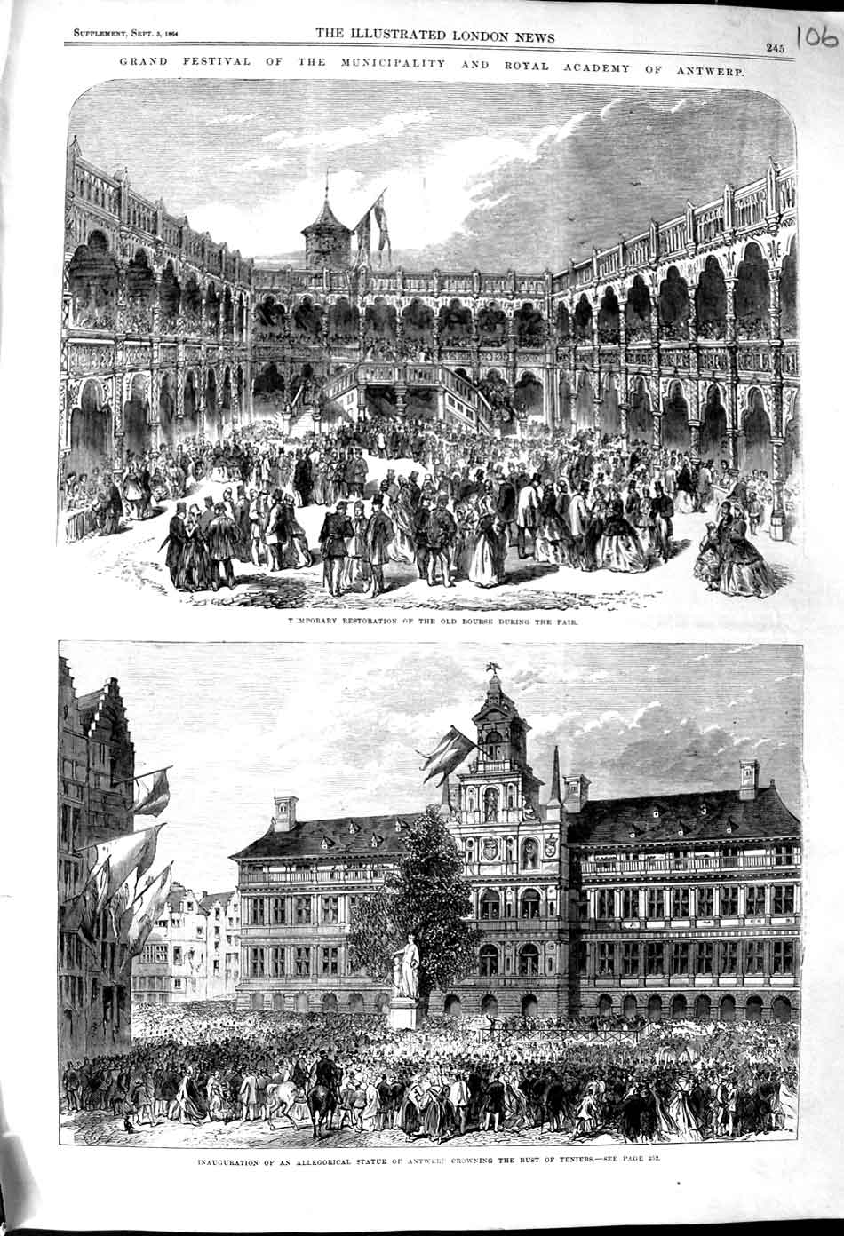 Original Old Antique Print 1864 Grand Festival Municiplaty Royal Academy Arts