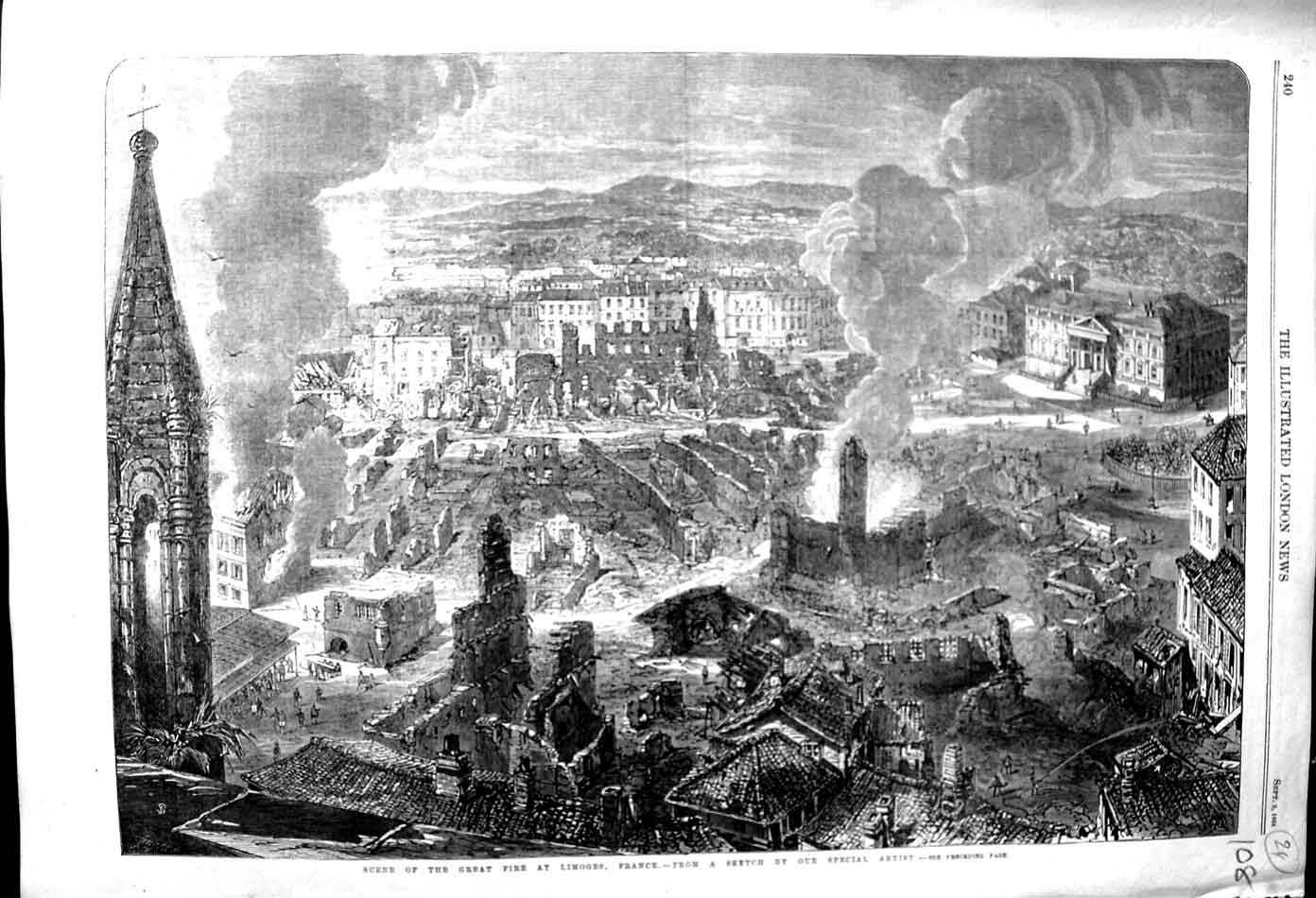 Original Old Antique Print 1864 Scene Great Fire Limoges France Buildings Ruins