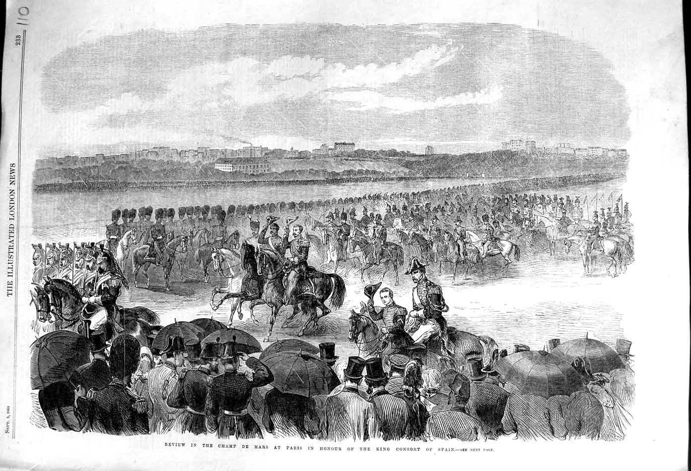 Original Old Antique Print 1864 Review Champ De Mars Paris King Consort Spain