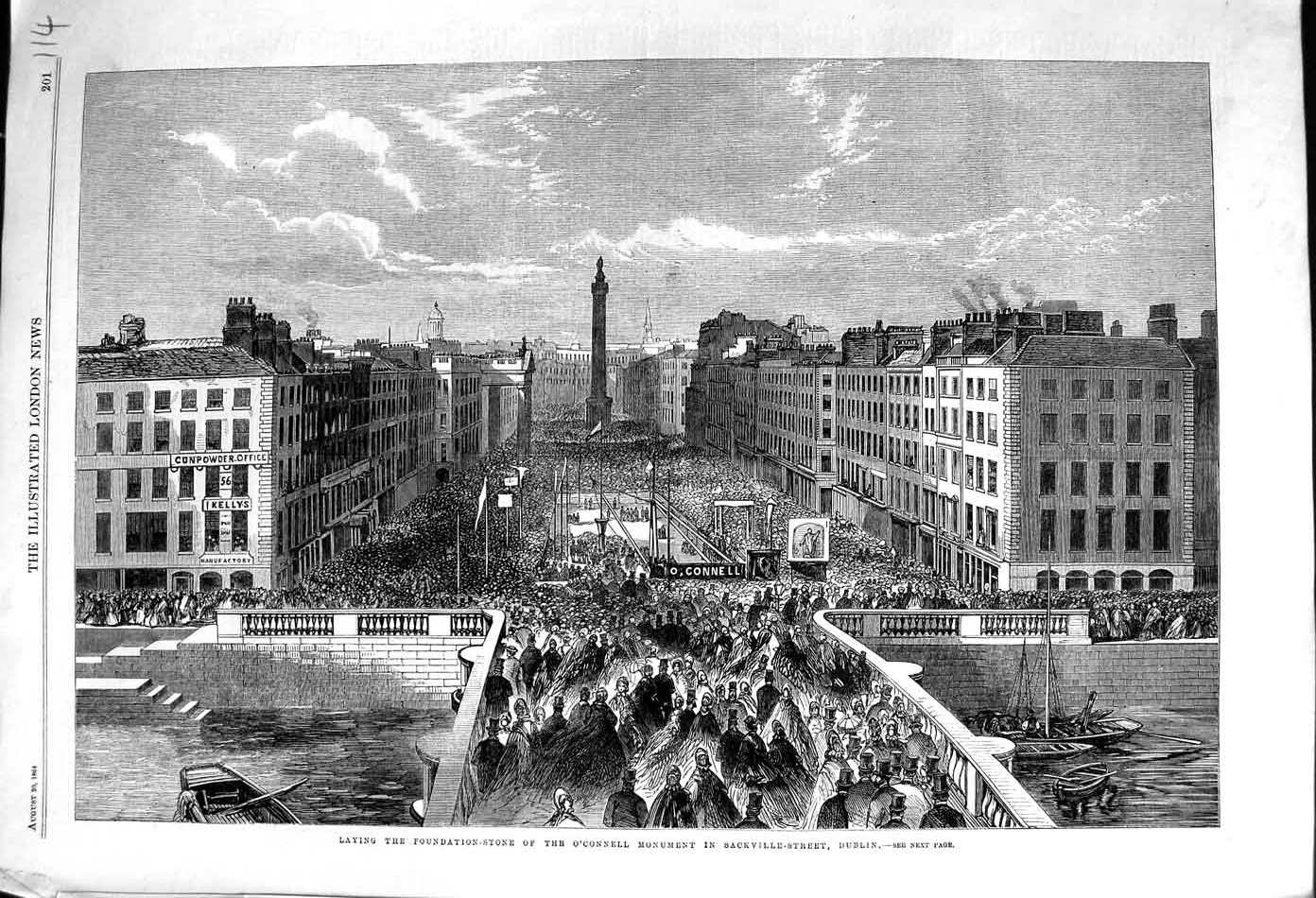 Original Old Antique Print 1864 Foundation O'Connell Monument Sackville Dublin