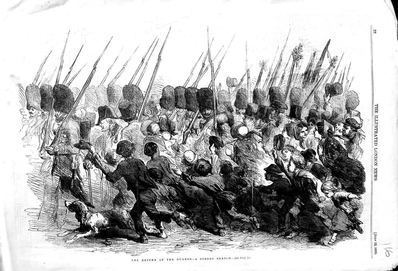 Original Old Antique Print 1856 Scene Return Guards Siers Children War Army
