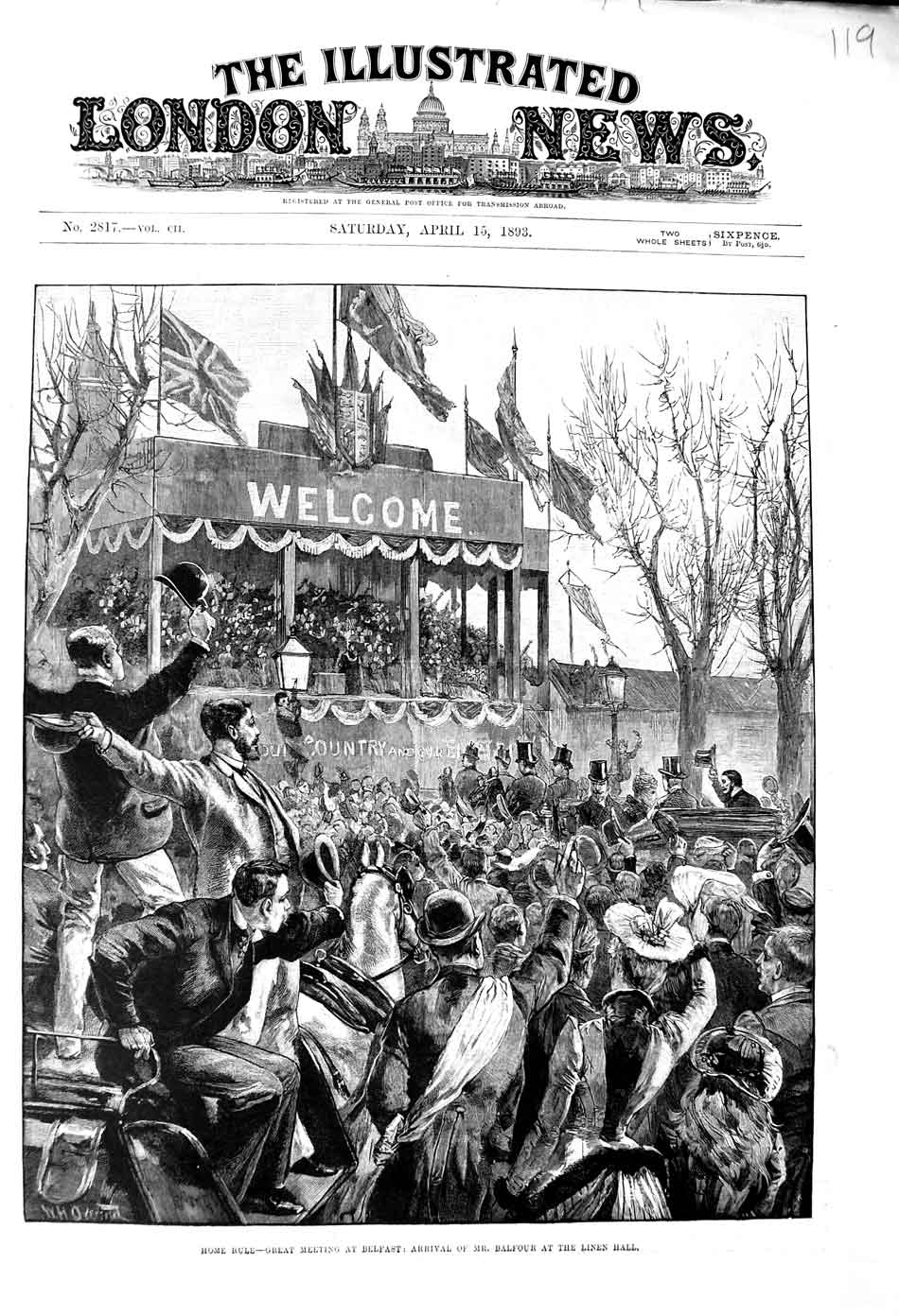 Old Antique Print 1893 Home Rule Great Meeting Belfast Balfour Linen Hall 19th