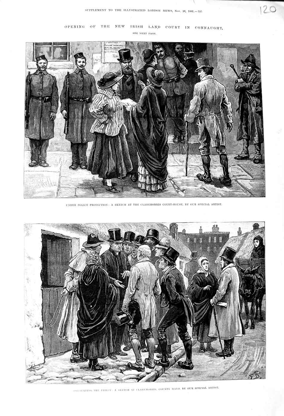 Original Old Antique Print 1881 Ireland Land Court Connaught Claremorris Mayo