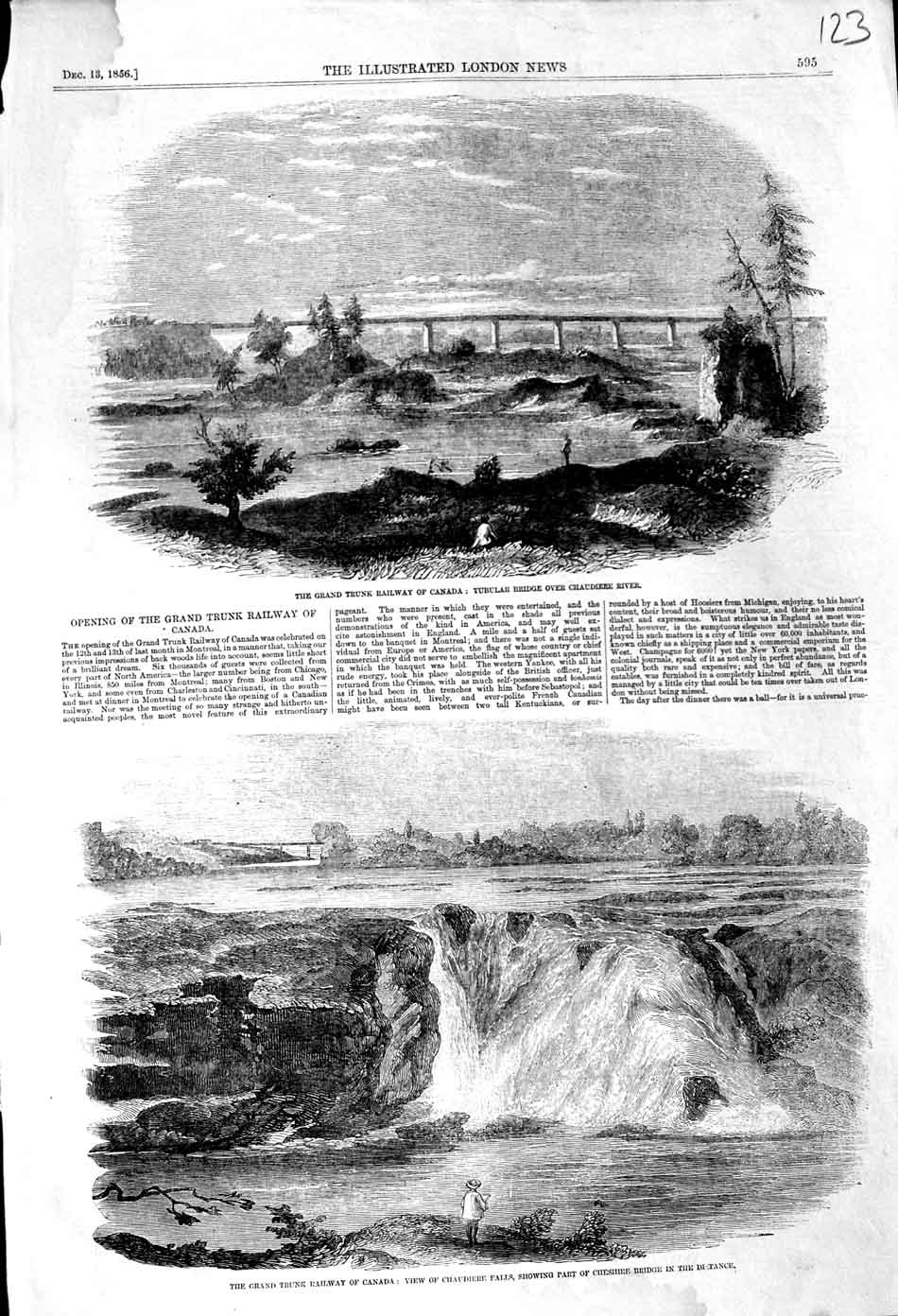 Original Old Antique Print 1856 Grand Trunk Railway Canada Chaudiere Cheshire