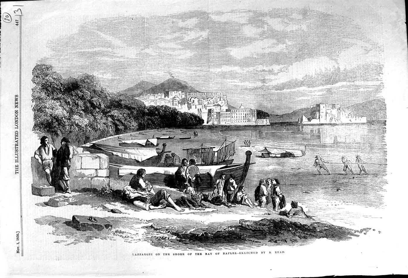 Original Old Antique Print 1856 Lazzaroni Shore Bay Naples Italy Fishing Boats