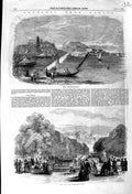 Original Old Antique Print 1856 Naples Gaeta Royal Palace Villa Reale Promenade