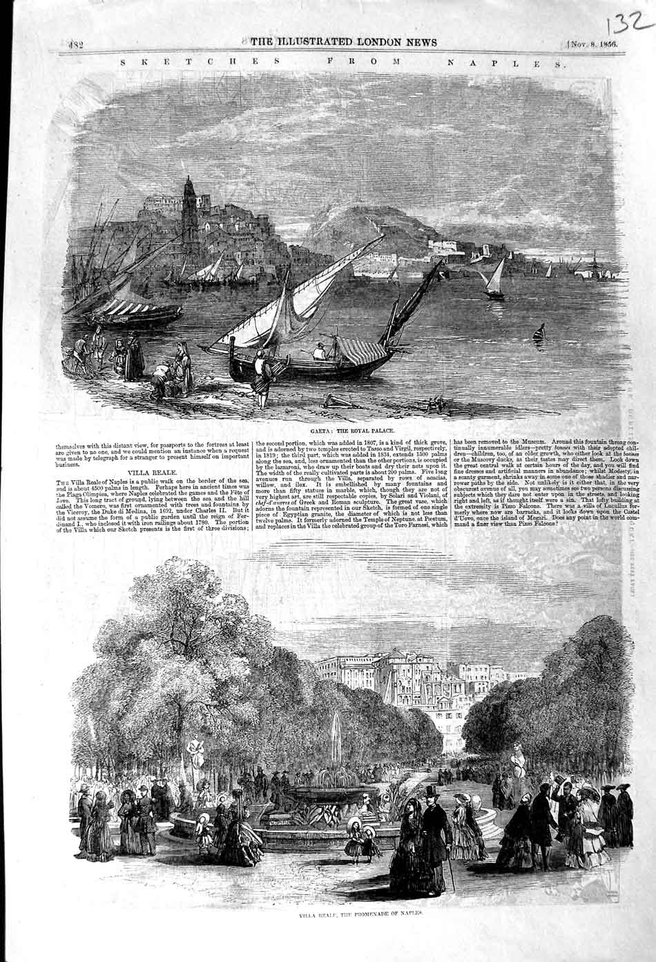 Original Old Antique Print 1856 Naples Gaeta Royal Palace Villa Reale Promenade