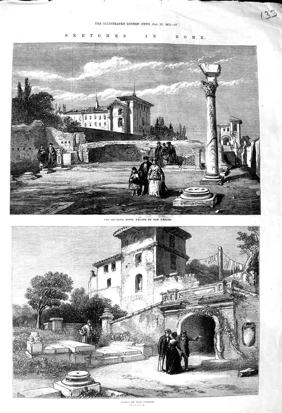Old Antique Print 1872 Rome Basilica Jovis Palace Caesars Tombs Scipios 19th