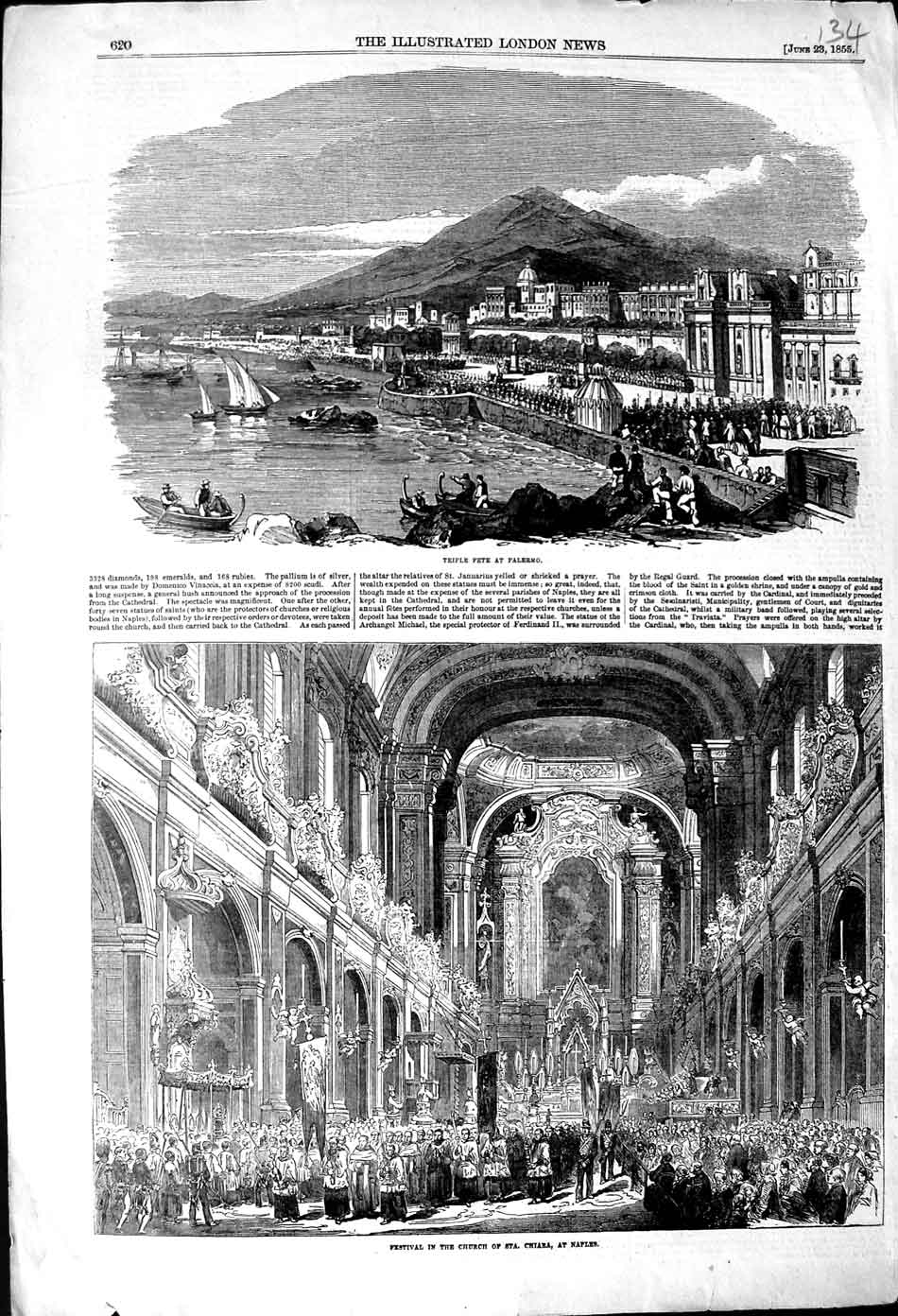 Old Antique Print 1855 Triple Fete Palermo Festival Church Chiara Naples 19th