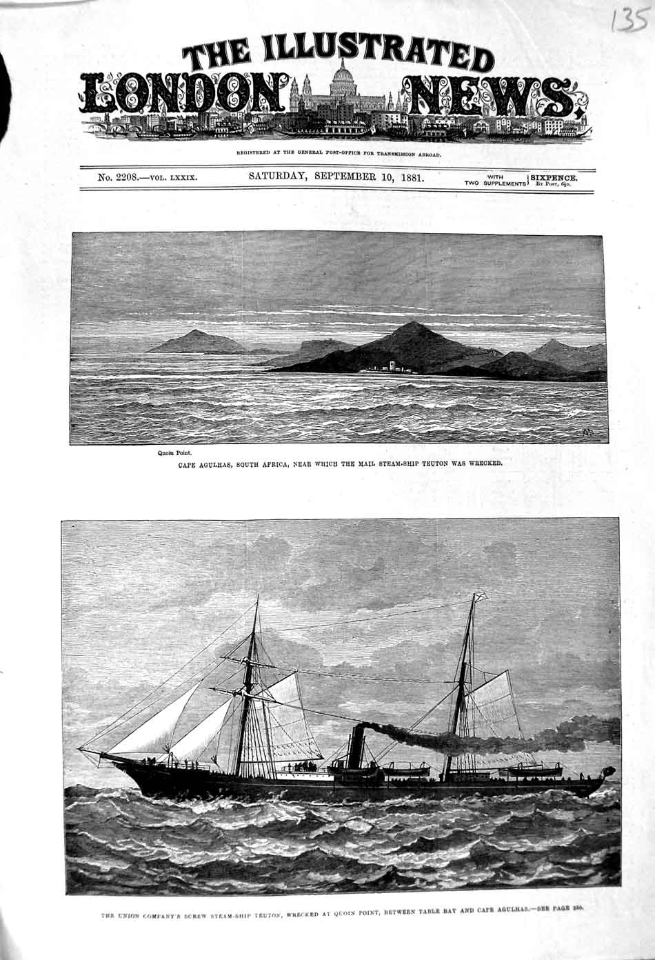 Old Antique Print 1881 Cape Agulahs South Africa Mail Ship Teuton Quoin 19th