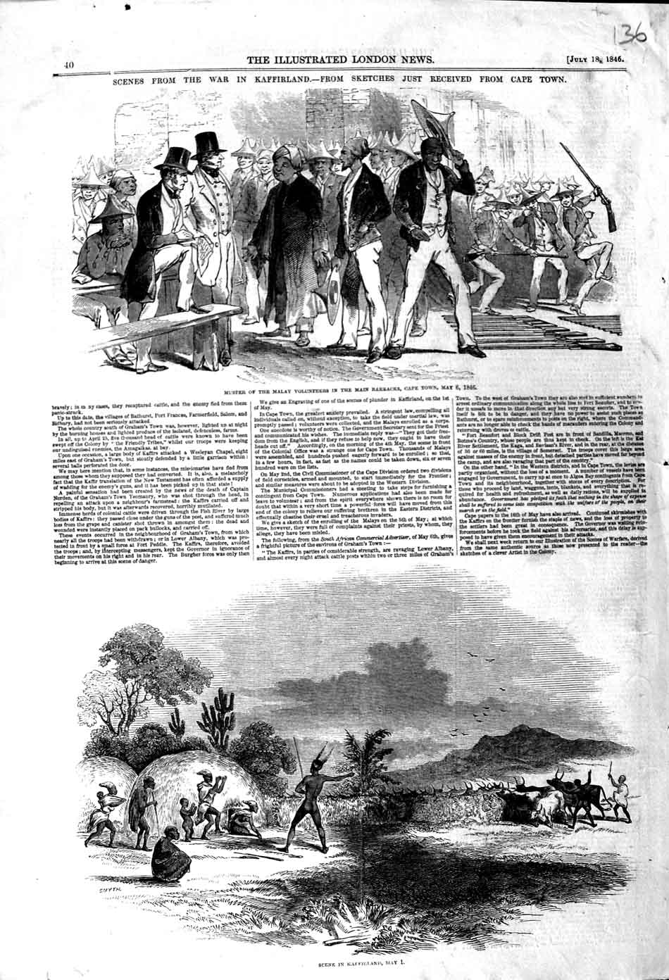 Original Old Antique Print 1846 Kaffir War Malay Cape Town Volunteer Siers 19th