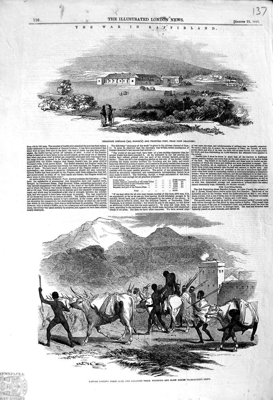Original Old Antique Print 1846 Kaffir War Beaufort Cottage Howse Trompetter