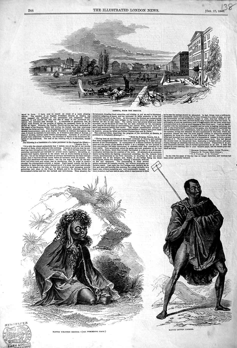 Old Antique Print 1846 Geneva Bergue Kaffir Weather Doctor Letter Carrier 19th