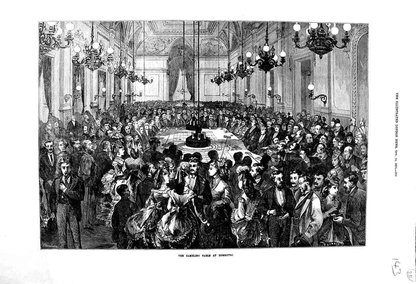 Original Old Antique Print 1871 Fine Art Gambling Table Hombourg 19th