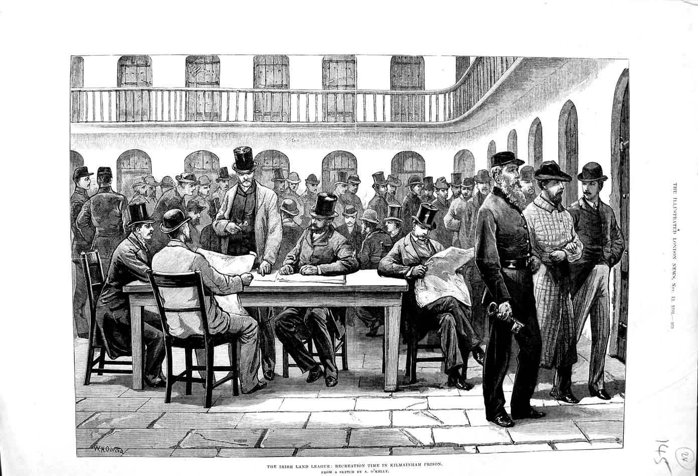 Antique Old Print *3126 1881 Irish Land League Recreation Kilmainham Prison