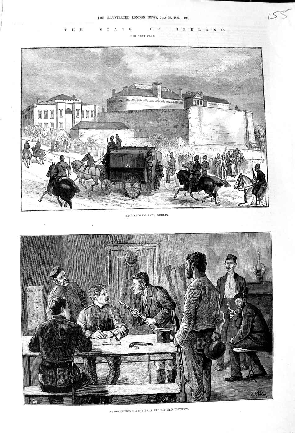 Old Antique Print 1881 Ireland Kilmainham Jail Dublin Surrendering Arms 19th