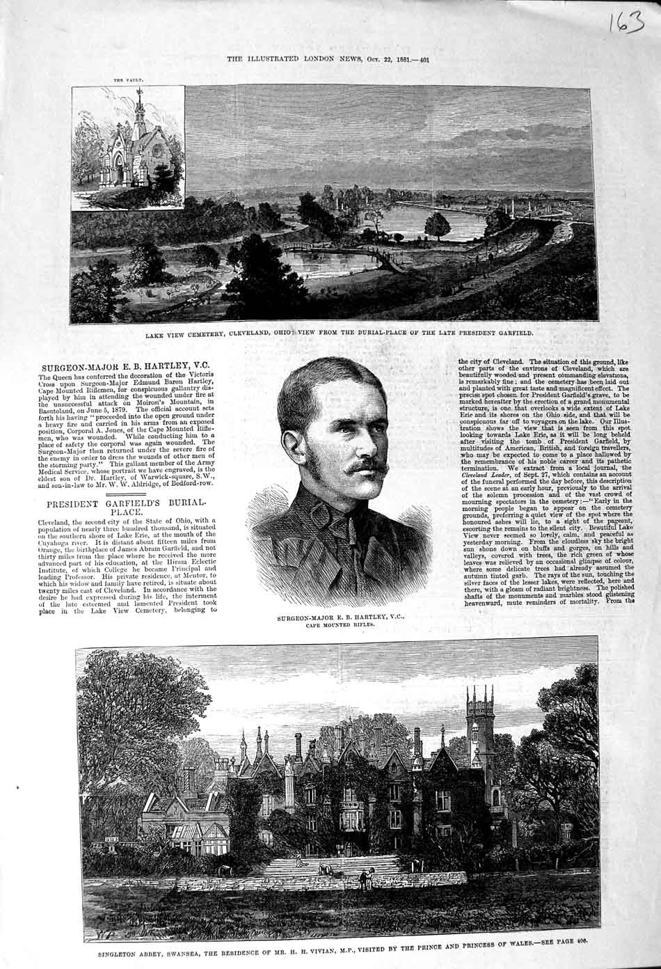 Original Old Antique Print 1881 Singleton Abbey Hartley Lake Cemetery Garfield