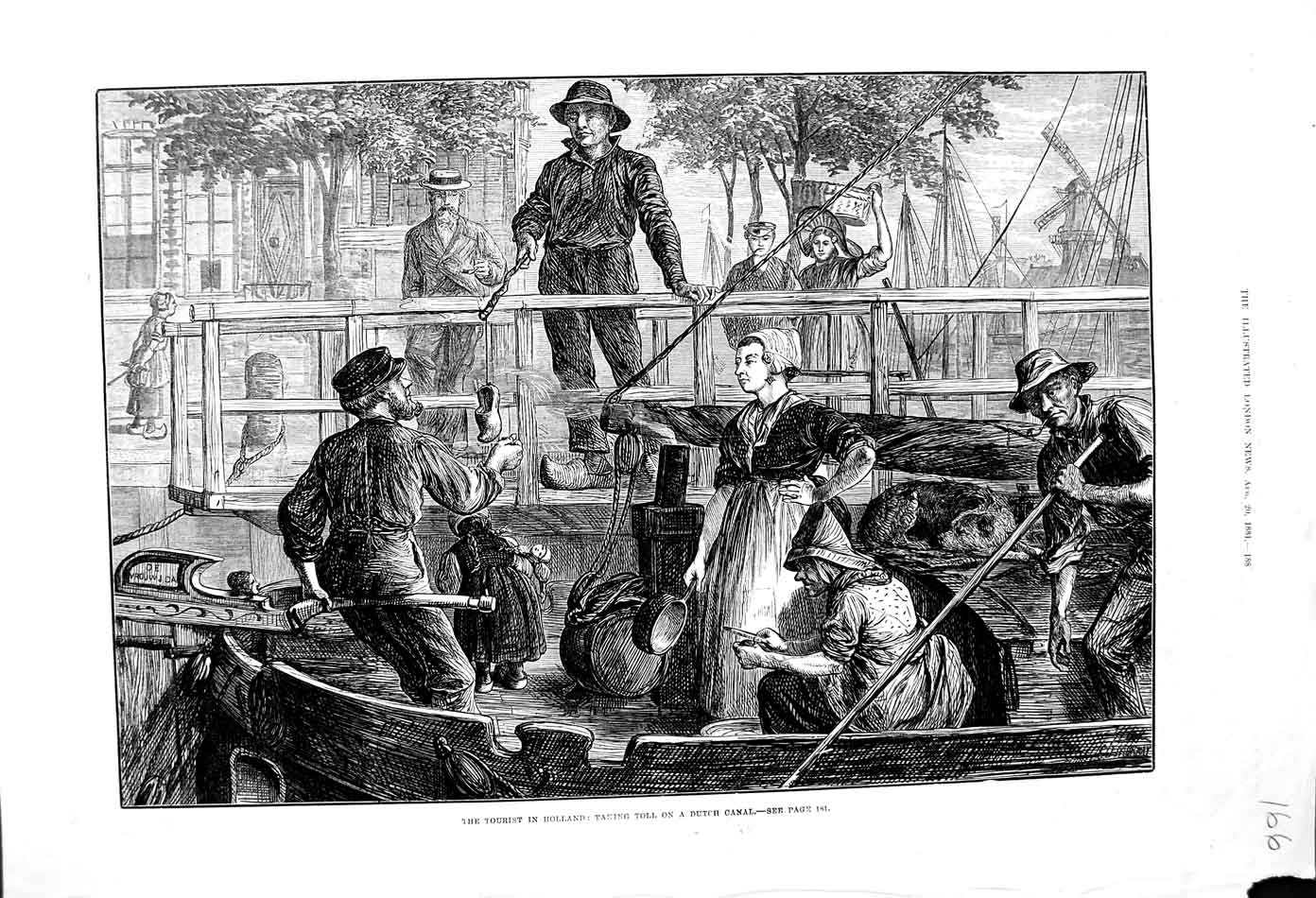 Original Old Antique Print 1881 Tourist Holland Dutch Canal Boat People 19th