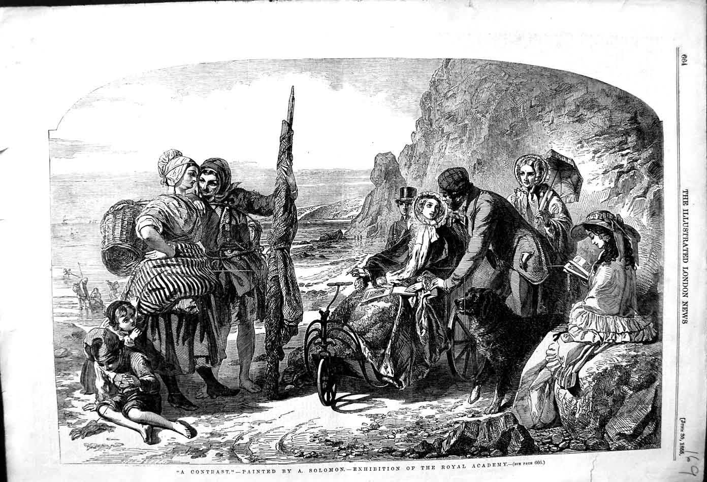 Old Antique Print 1855 Solomon Royal Academy Art Family Fishing Sea-Side 19th