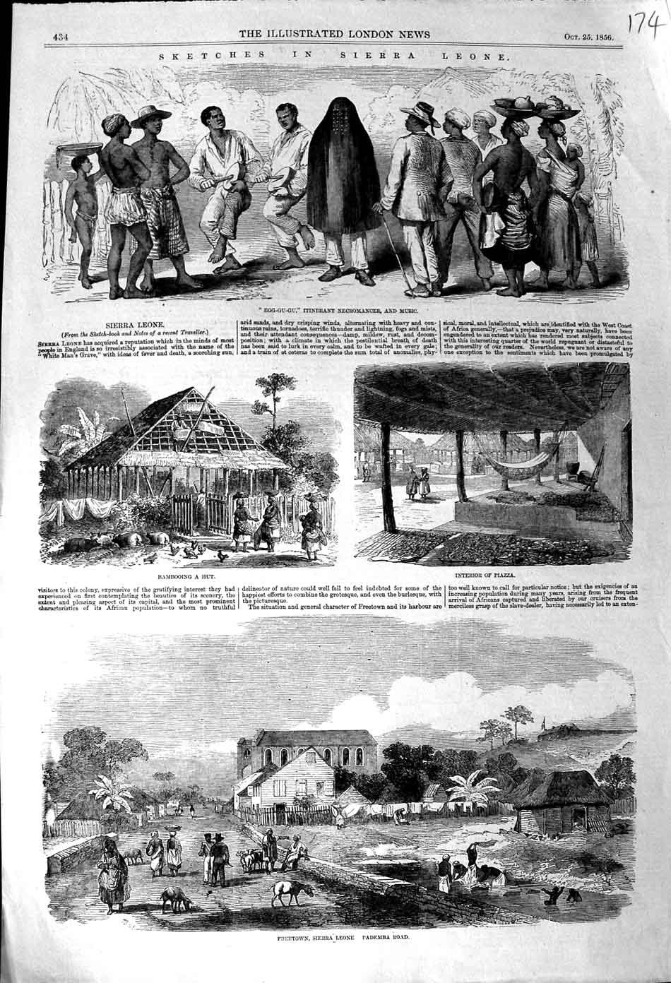 Old Antique Print 1856 Sierra Leone Egg-Gu-Gu Necromancer Freetown Piazza 19th