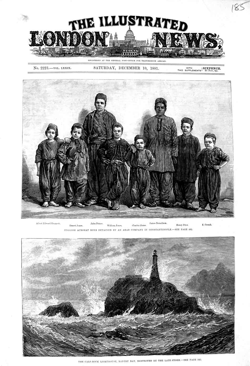 Old Antique Print 1881 Calf-Rock Lighthouse Bantry English Acrobat Boys 19th
