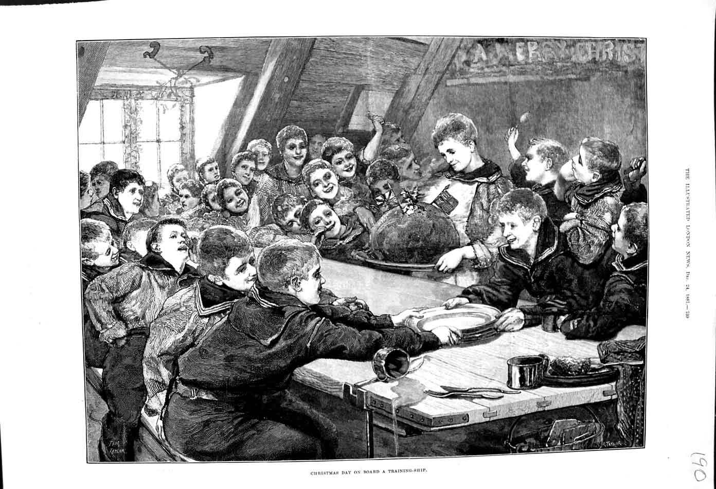Original Old Antique Print 1887 Fine Art Christmas Day Board Training Ship 19th