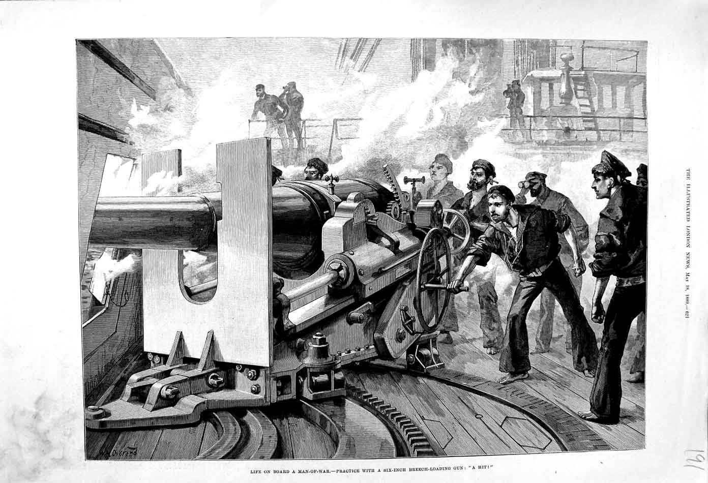 Original Old Antique Print 1889 Life Board Man-Of-War Ship Breech-Loading Gun