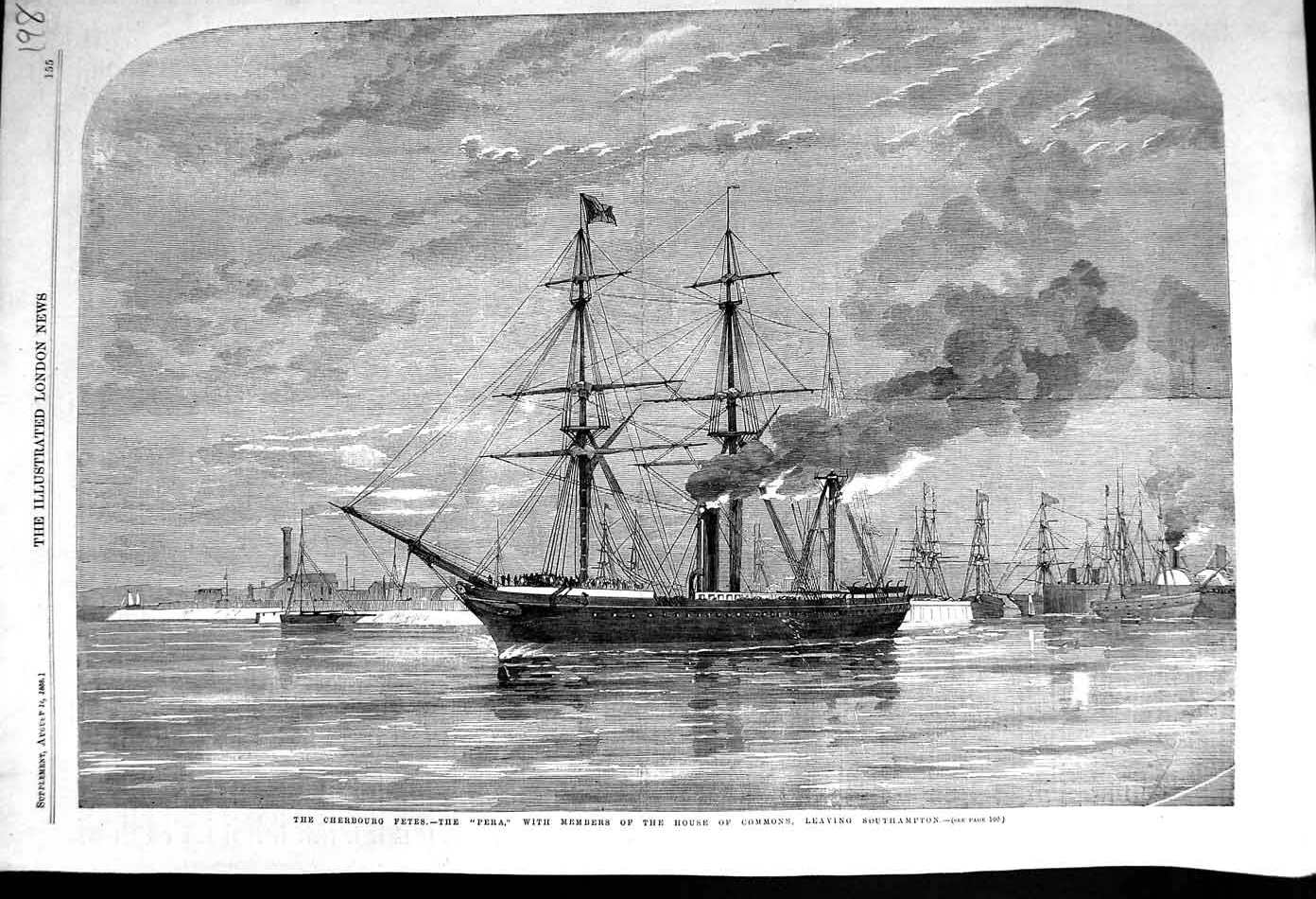 Original Old Antique Print 1858 Cherbourg Fetes Pera War Ship Southampton 19th