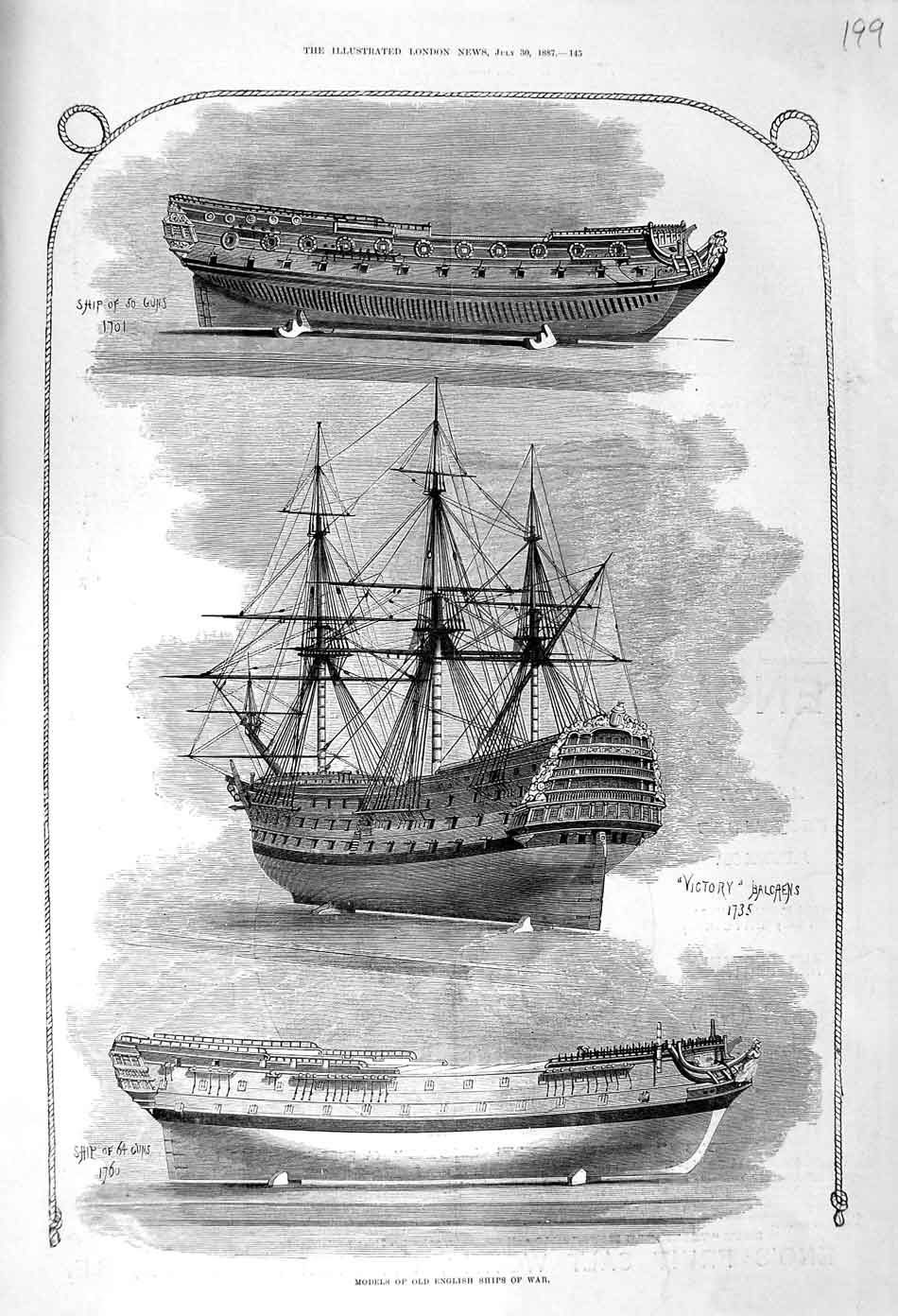 Original Old Antique Print 1887 Models English Ships War Guns Victory Balacaens