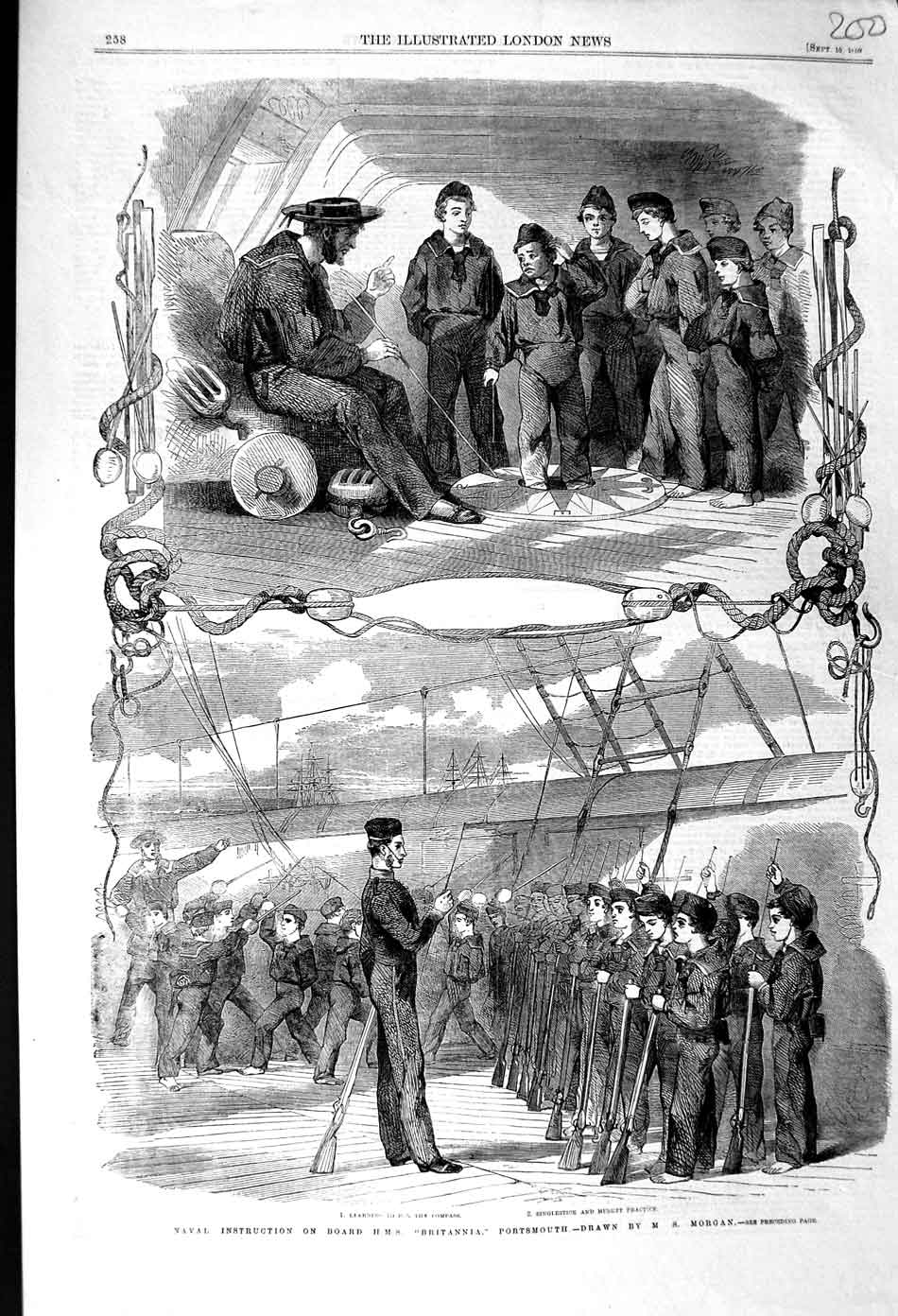 Original Old Antique Print 1859 Navy H.M.S Training Ship Britannia Portsmouth
