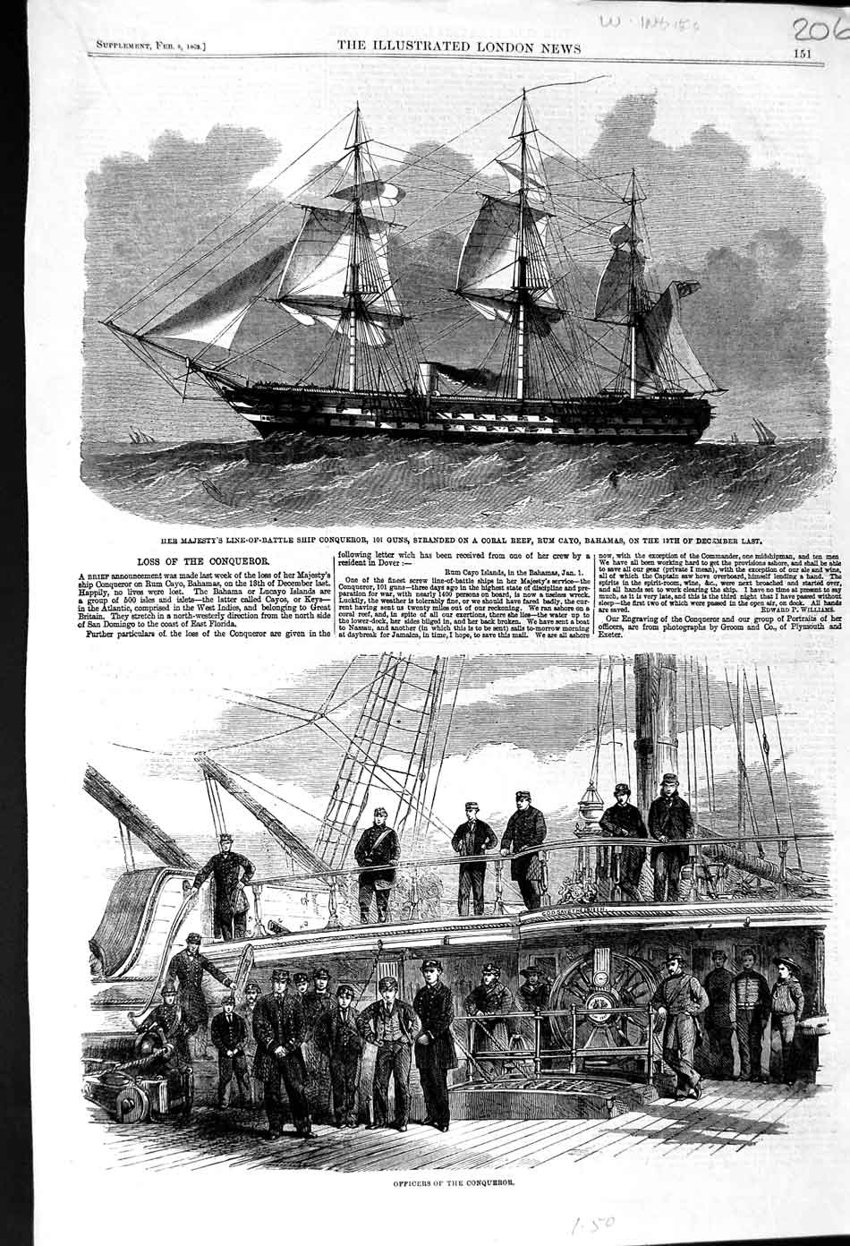 Old Antique Print 1862 Line-Of-Battle Ship Conqueror Coral Reef Bahamas 19th