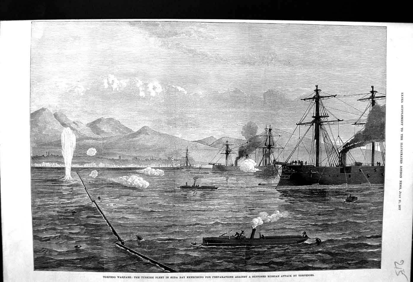 Original Old Antique Print 1877 Torpedo Warfare Turkish Ships Suda Bay War 19th
